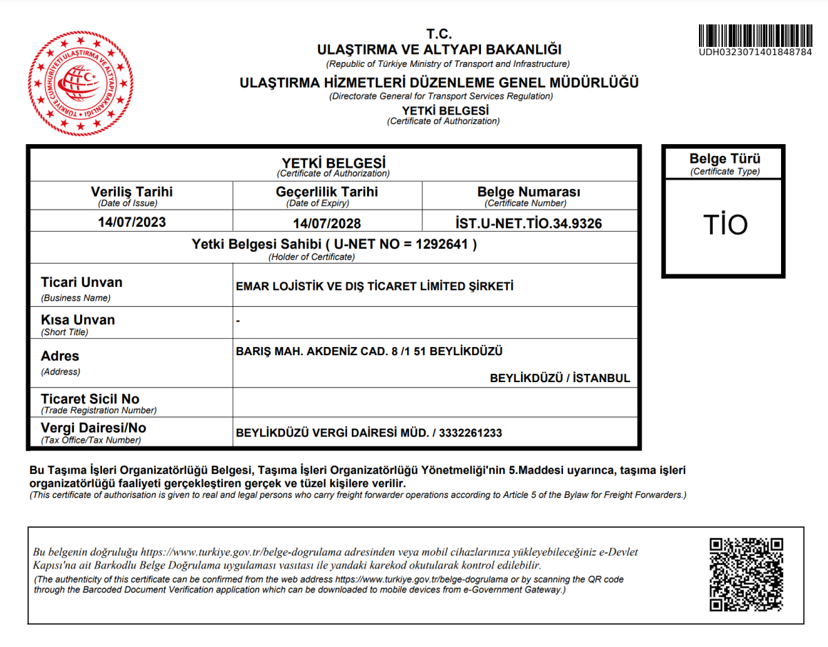 Emar Lojistik - TİO Belgesi